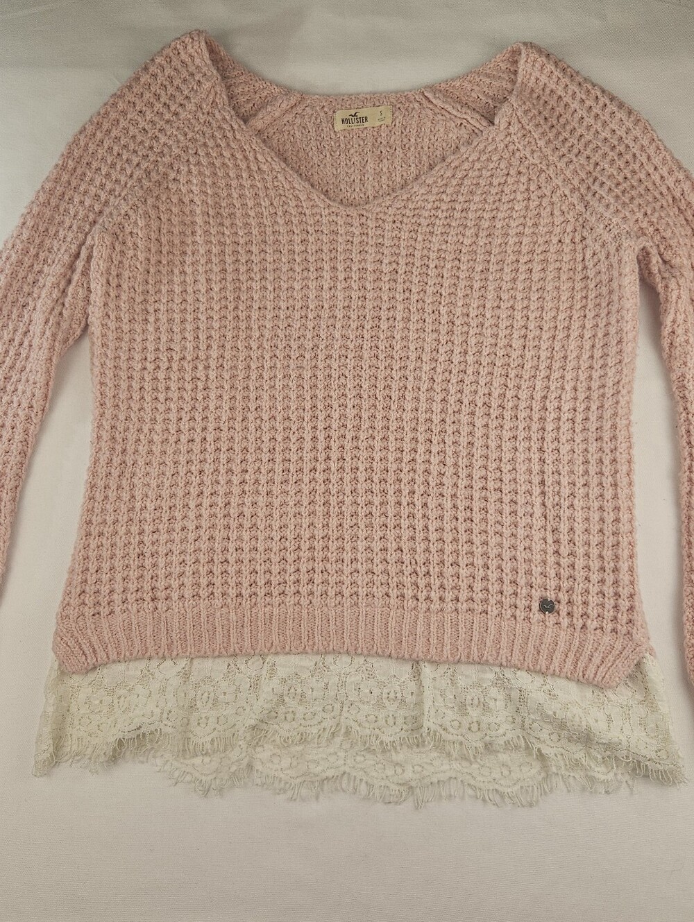 Hollister Women's Boho Pink Waffle Knit Sweater with Cream Lace-Hem Size Small